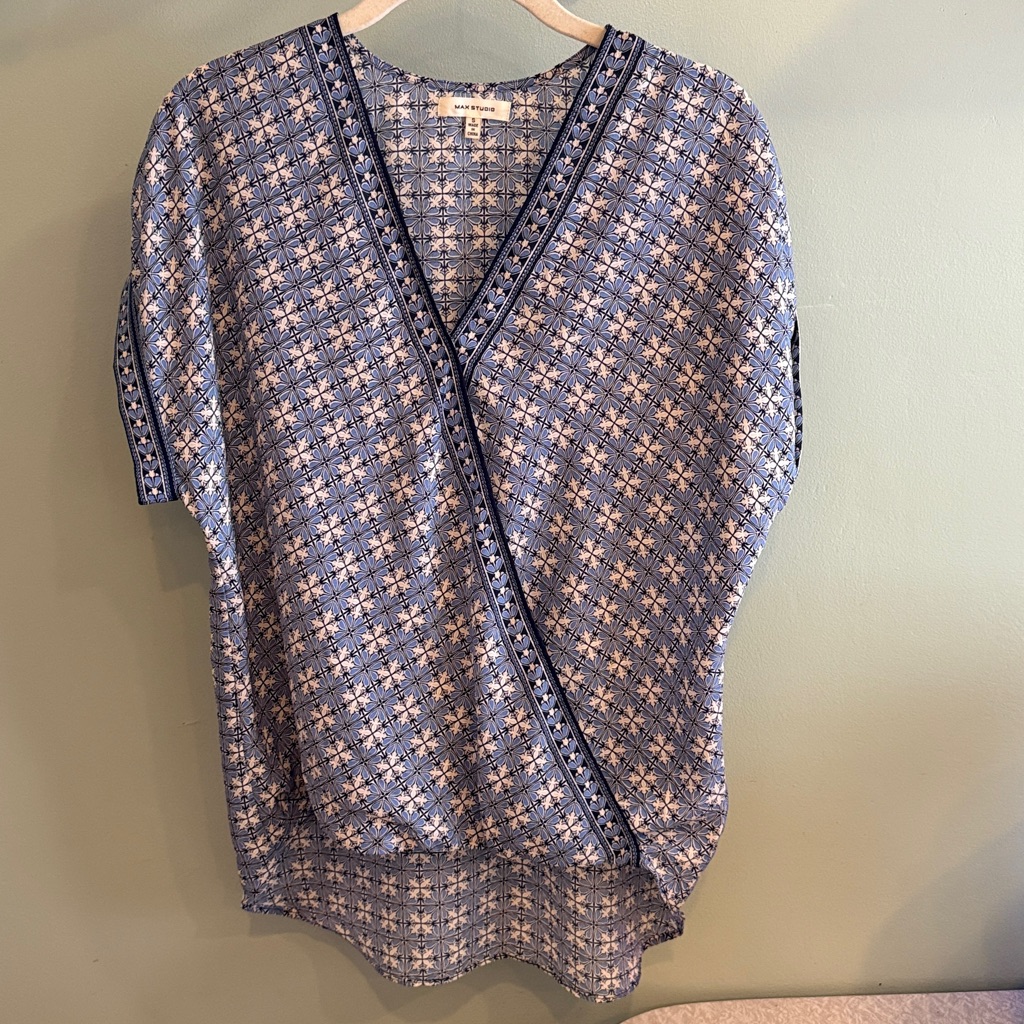 Max Studio Blue Faux Wrap Blouse Top V Neck - Small